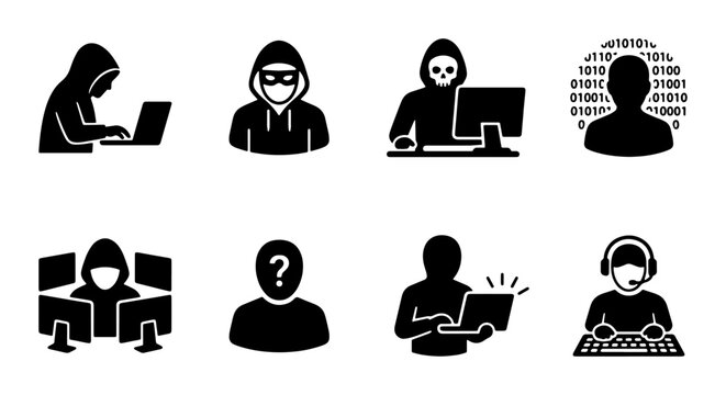 Cybercrime hacker icon set, 8 black vector silhouettes of anonymous criminals, computer security breach and data theft symbols for web design