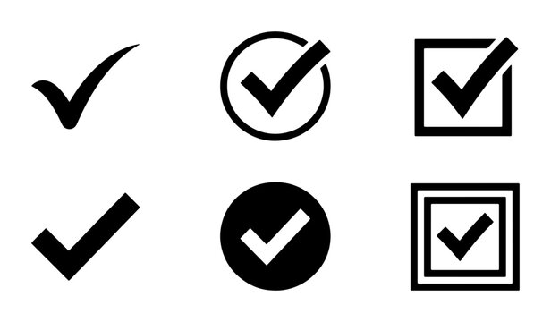 Black check mark icon set, minimalist tick symbols in circle and square frames, 6 vector elements for approval and confirmation interface design