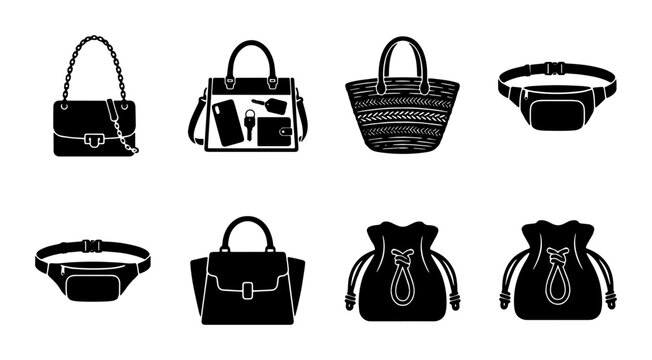Fashion handbag icon set, black silhouette women bags and purses collection, 8 vector illustrations of shoulder bags, waist packs and pouches