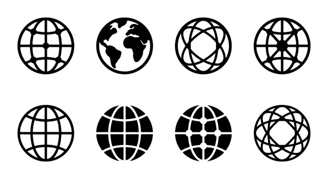 Minimalist globe icon set, 8 black world map vector symbols, global communication and logistics web elements, earth sphere grid signs for business