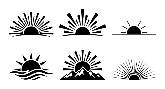 Minimalist sunburst icons set, black sunrise and sunset vector silhouettes, 6 rising sun symbols with mountains and ocean waves for logo design