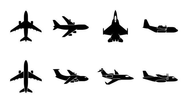 Airplane silhouette vector set, 8 black aircraft icons for aviation design, commercial plane and military jet symbols, flight transport graphics