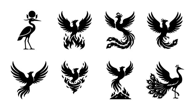 Mythical phoenix bird silhouettes set, 8 black firebird vector icons, ancient egyptian bennu and peacock symbols for logo design and branding