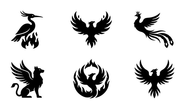 Mythical phoenix bird silhouettes, set of 6 legendary fire bird icons, black griffin and peacock heraldic symbols, fantasy creature vector graphics