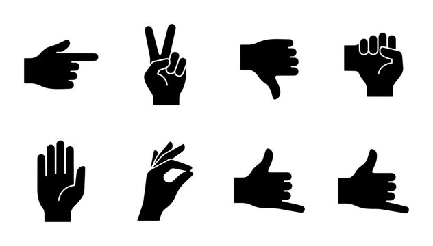 Black hand gesture icons set, 8 human hand silhouettes with finger signs, minimalist communication symbols for web design and mobile apps