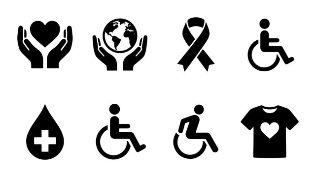 Charity and donation icon set, 8 black vector symbols for humanitarian aid and social support, disability and healthcare awareness icons for non-profit organizations