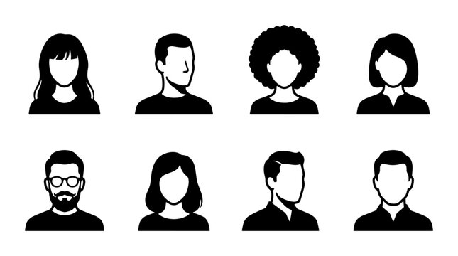 Minimalist avatar icons set, diverse people profile silhouettes, 8 black and white vector user headshots for social media and web interface