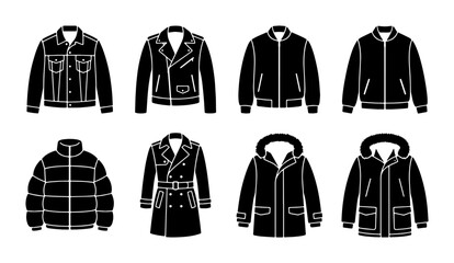 Black jacket icons set, minimalist outerwear vector collection, men's fashion coat silhouettes, winter and autumn apparel symbols for retail © Sharmeen