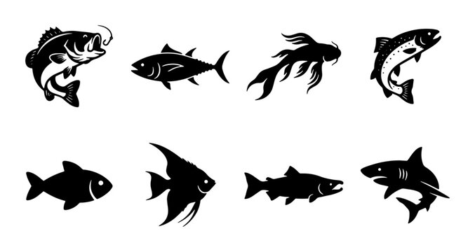 Black fish silhouettes collection, set of 8 aquatic animal icons, minimalist sea life vector illustrations for fishing logos and marine branding