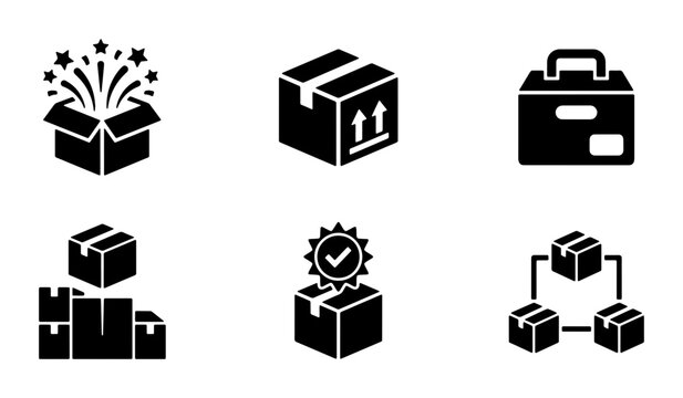 Logistics and shipping icons set, 6 delivery box vector elements, black solid parcel packaging symbols for warehouse and distribution management