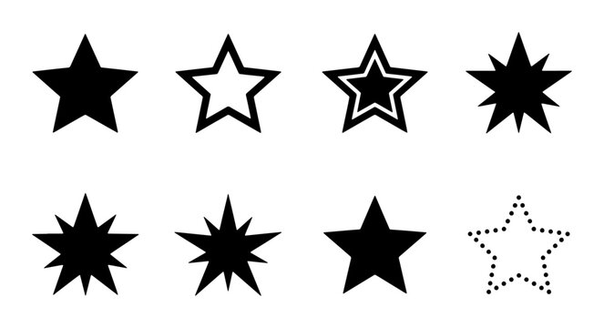Minimalist black star icons set, collection of 8 geometric star shapes in various styles, flat vector star symbols for rating and ranking systems