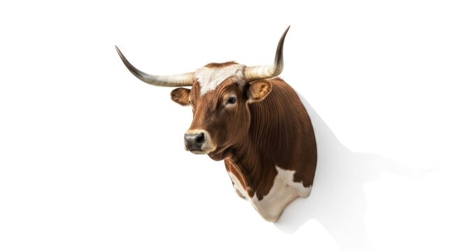 Texas Longhorn Bull Head Mounted on White Wall - Rustic Western Decor.