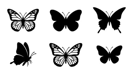 Black butterfly silhouette collection, set of 6 decorative insect vector icons, minimalist monarch and swallowtail butterfly shapes for logo design © Sharmeen
