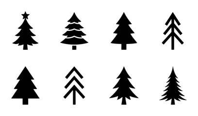 Minimalist Christmas tree silhouettes, set of 8 black pine tree icons, flat vector evergreen forest symbols for holiday greeting cards and winter decor © Sharmeen
