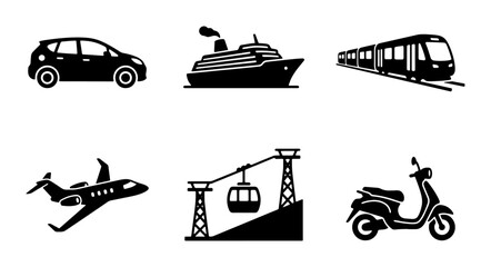 Transportation icon set with 6 black vector silhouettes, travel and logistics vehicle symbols, minimalist car airplane ship and train graphics © Sharmeen