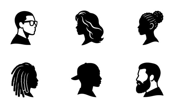 Minimalist profile silhouettes of diverse people, set of 6 black and white vector icons, modern human head side view illustrations for avatars