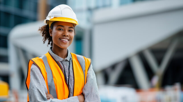Happy smiling young Black woman construction industry worker standing at a building site, professional female construction employee concept, defocused background, with copy space