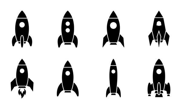 Rocket ship icon set, black silhouette space shuttle vector collection, minimalist spacecraft launch symbols for business startup and technology projects