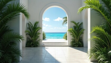 Fototapeta premium White archway frames view of turquoise ocean sea with bright blue sky and clouds. Lush green palm trees line walkway leading to calm water and tropical beach.