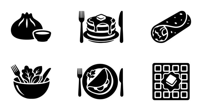 Minimalist food icon set, black solid vector symbols of breakfast and dinner dishes, collection of 6 restaurant menu meal graphics