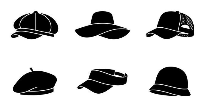 Black hat silhouettes set, collection of 6 headwear vector icons, fashion accessories including baseball cap, beret, sun hat, and visor for apparel design