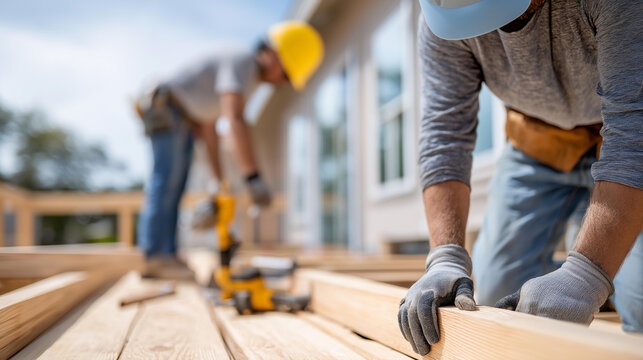 Construction workers building a wooden floor in a home construction project with tools and materials, residential construction concept, defocused background, with copy space