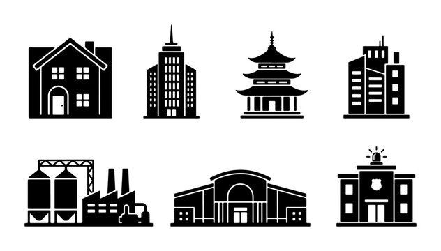 Minimalist building icon set, black silhouette architecture symbols, collection of 7 vector house and industrial facility graphics for maps and web design