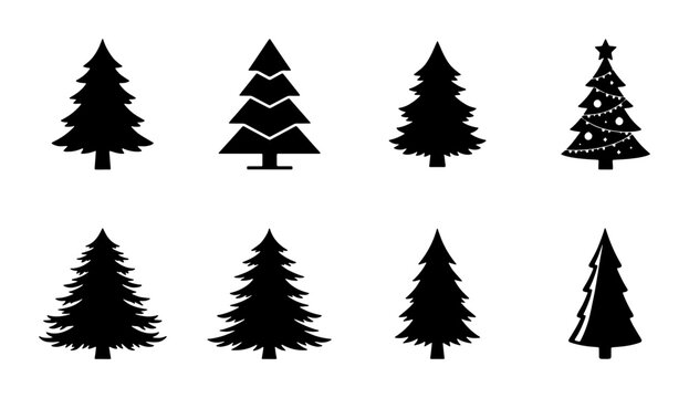 Minimalist Christmas tree silhouettes, set of 8 black pine tree vector icons, festive evergreen fir tree symbols for winter holiday design