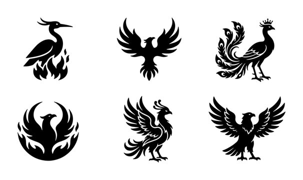 Mythical phoenix bird logo set, black silhouette eagle and peacock icons, 6 heraldic firebird vector elements for branding and tattoos
