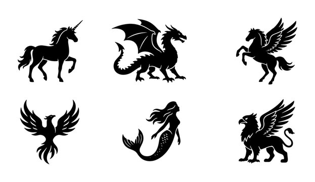 Mythical creatures black silhouette icons, fantasy monster vector set of 6 elements, dragon unicorn and mermaid heraldic symbols for logo design