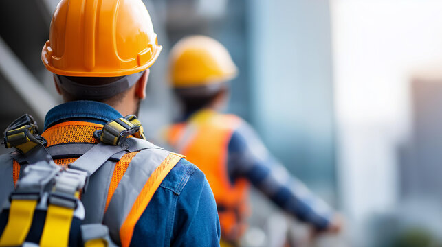 Construction workers wearing safety equipment while working at height on an industrial project, fall protection and safety harness concept, defocused background, with copy space