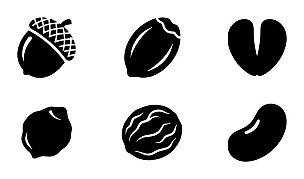 Minimalist nut and seed icons set, black silhouette acorn and walnut vector graphics, organic food and legume symbols for packaging design