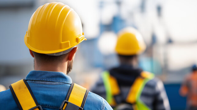 Construction workers wearing safety equipment while working at height on an industrial project, fall protection and safety harness concept, defocused background, with copy space