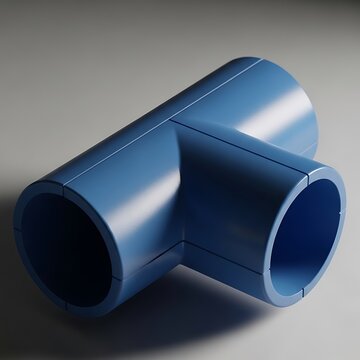 Smooth blue plastic plumbing component displays a t-shaped configuration on a light gray surface