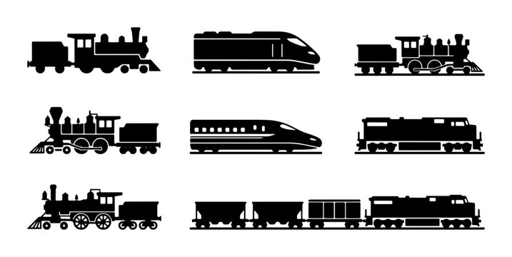 Vintage steam locomotive and modern high-speed train silhouettes, 8 railway transport vector icons, black freight and passenger train collection