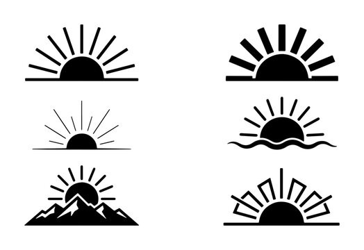Minimalist sun logo set, black sunrise and sunset vector icons, 6 rising sun symbols over mountains and ocean waves for branding and web design