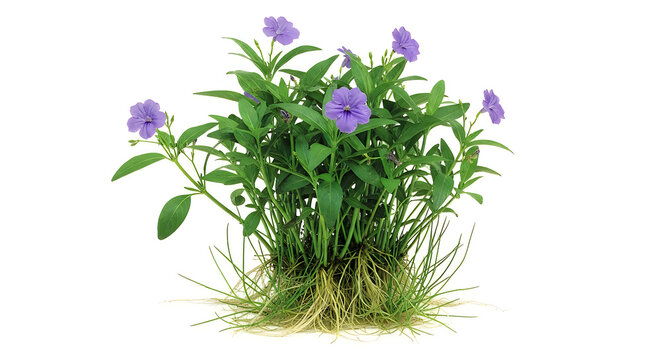 Purple mexican petunia plant with roots isolated on white background