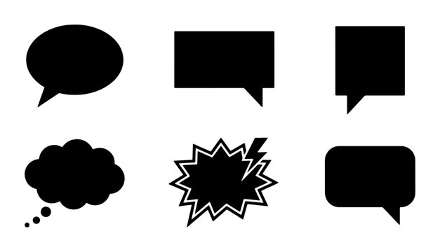 Black speech bubble silhouette set, comic book chat clouds and thought balloons, 6 communication icons for social media and graphic design