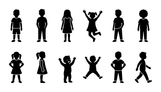 Children silhouettes collection, set of 12 black vector icons of kids and toddlers, diverse young boy and girl figures in various poses