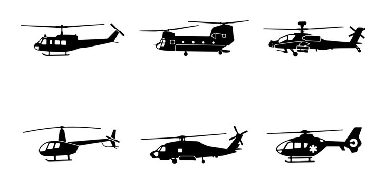 Military and civilian helicopter silhouettes set, black aircraft vector icons collection, 6 rotary wing aviation transport symbols for infographics