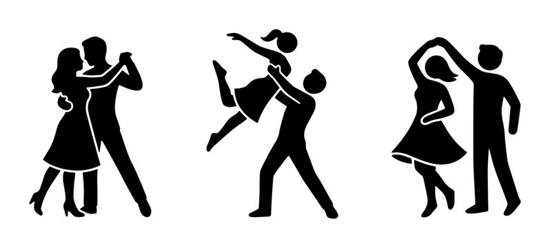 Ballroom dancing silhouettes set, elegant couple dancers performing tango and swing, black vector icons of professional dance partners