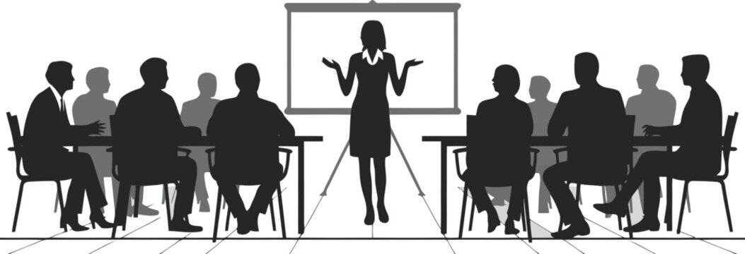 A group of business professionals sitting around tables while one woman presents in front of a screen