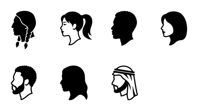 Diverse human profile silhouettes set, 7 multicultural people head icons, black and white ethnic avatar collection, side view portrait vector graphics