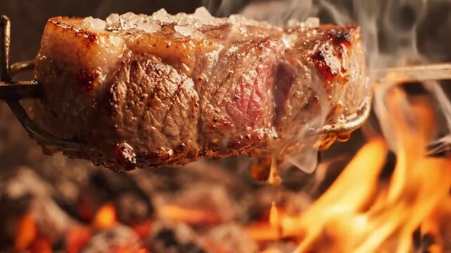 Juicy Brazilian picanha steak on rotisserie skewer sizzling over hot charcoal fire with salt crystals and smoke in seamless infinite loop for restaurant and barbecue steakhouse commercial.