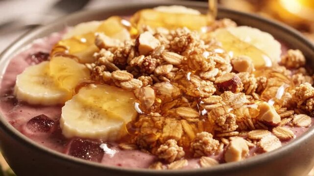 Delicious Brazilian acai bowl with creamy lilac texture topped with fresh banana slices granola, honey drizzle organic superfood from Amazon rainforest for healthy lifestyle and breakfast commercial