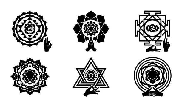 Sacred geometry chakra symbols set, spiritual mandala icons with mudra hands, black esoteric yoga vector elements for meditation and wellness