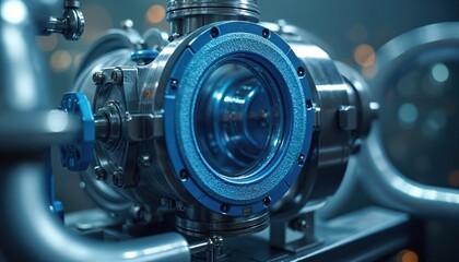 Fototapeta premium Detailed view of blue ring vacuum pump assembly. Precision industrial equipment with metallic pipes and valves. Science lab or factory machinery for creating vacuum.