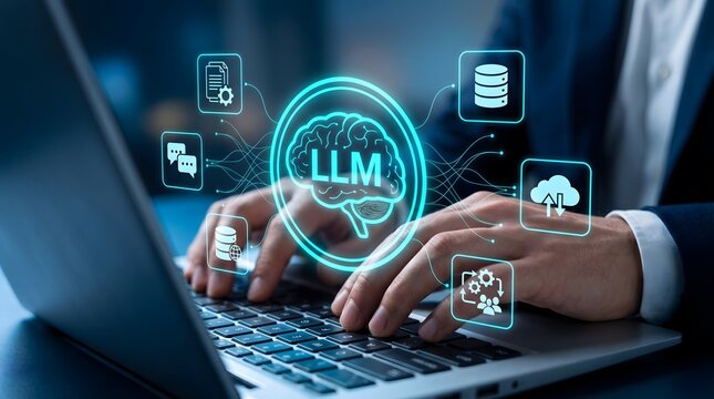 Cinematic close up of hands typing on a laptop with a glowing LLM brain interface and digital data icons for artificial intelligence and machine learning development in a dark office.