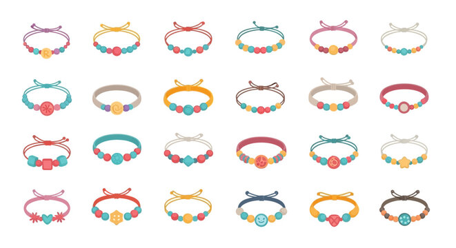 Colorful assortment of beaded bracelets arranged in rows on a white background.