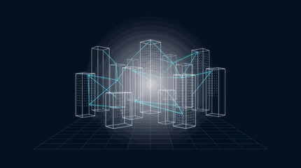 Fototapeta premium A futuristic cityscape with glowing blue lines and a bright light in the center, set against a dark background.